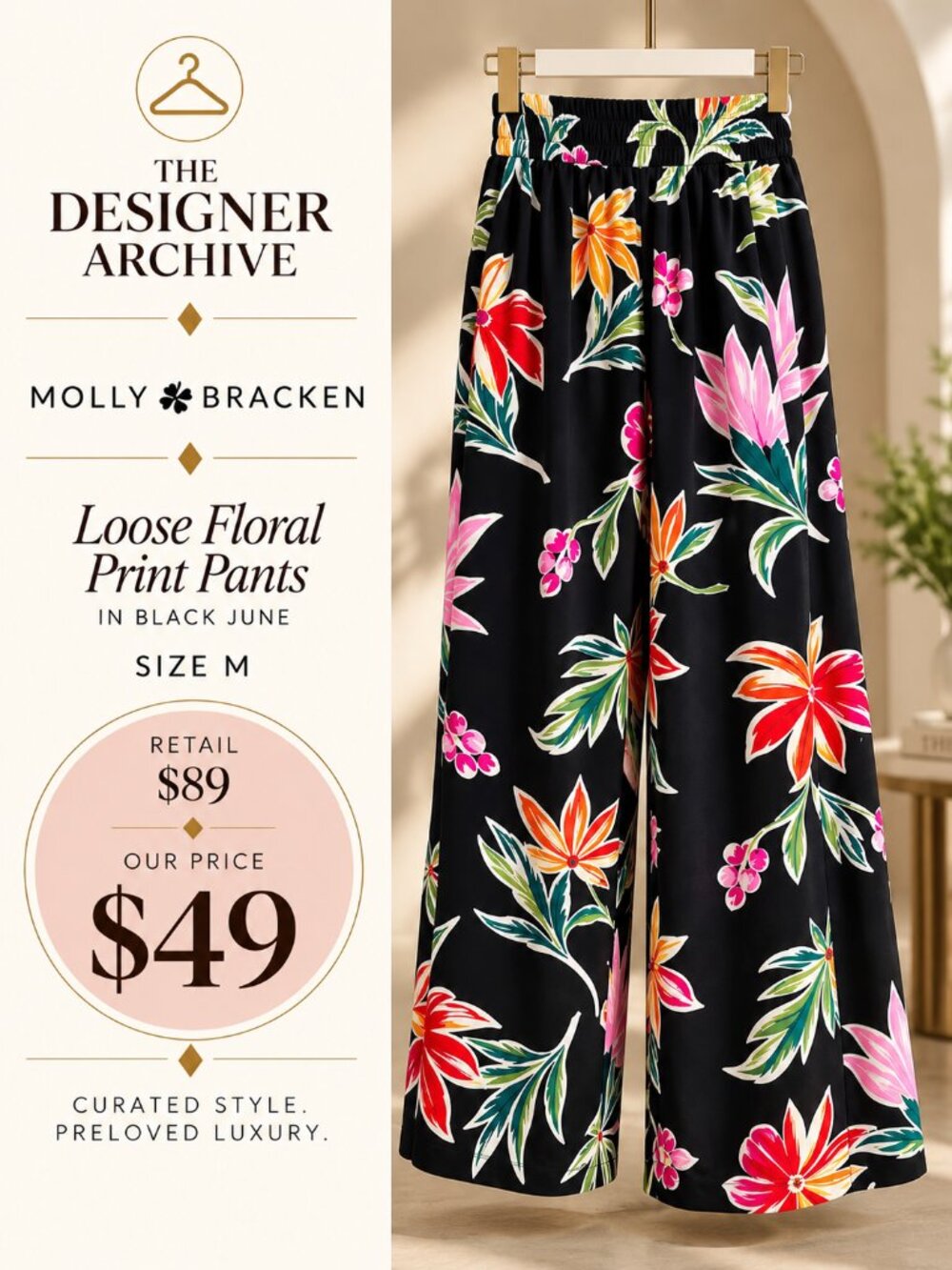 Molly Bracken Loose Floral Print Wide Leg Pants Black June M